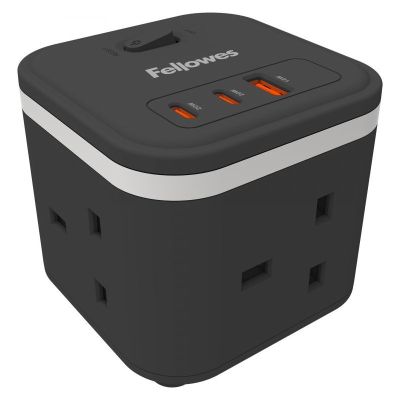 Fellowes Power Cube 3 Sockets, 1 USB-A & 2 USB-C Ports Black