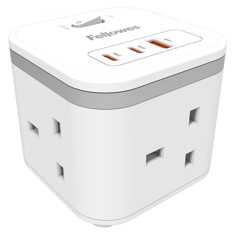 Fellowes Power Cube 3 Sockets, 1 USB-A & 2 USB-C Ports White