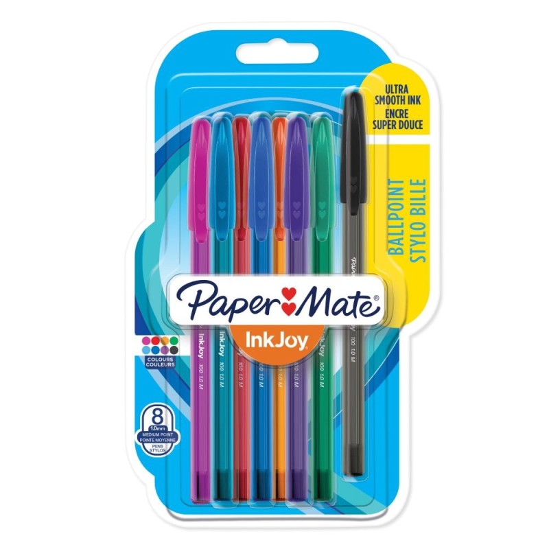 Paper Mate 1956737 InkJoy 100 Ball Pen Medium Tip Assorted Colours Pack of 8