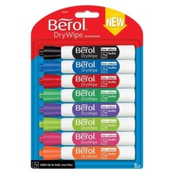 Berol Dry Wipe Whiteboard Marker Pens Assorted colours Bullet Tip Pack of 8