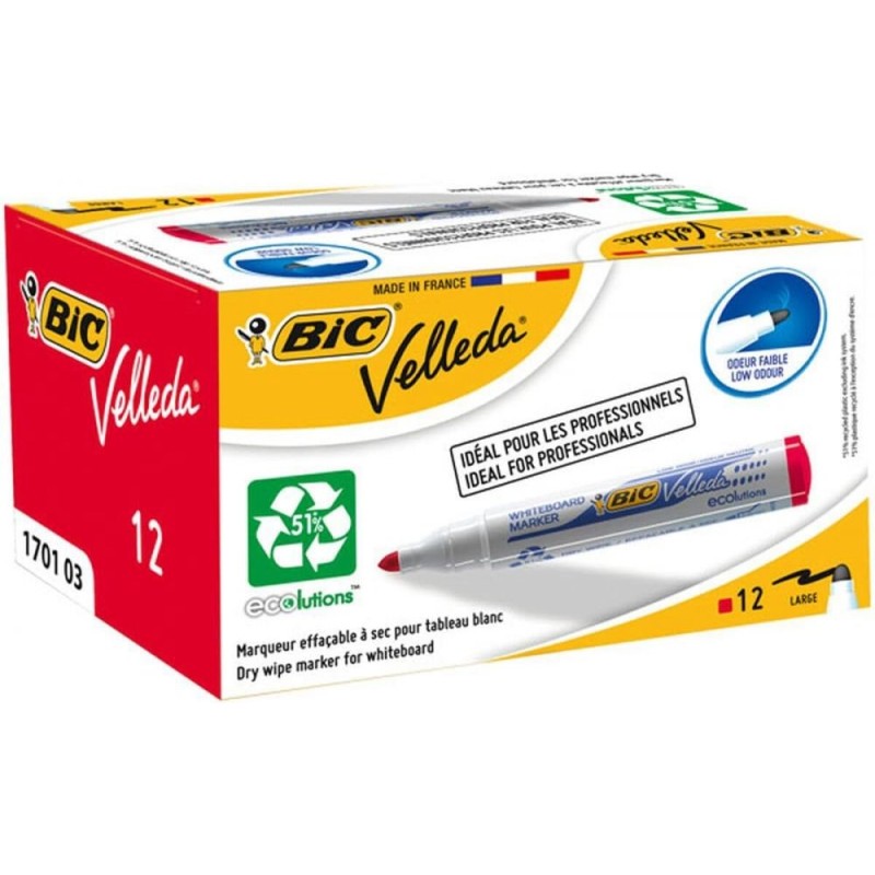 Bic Pack of 12 Ecolutions Velleda1701 Whiteboard Marker Bullet Tip Red