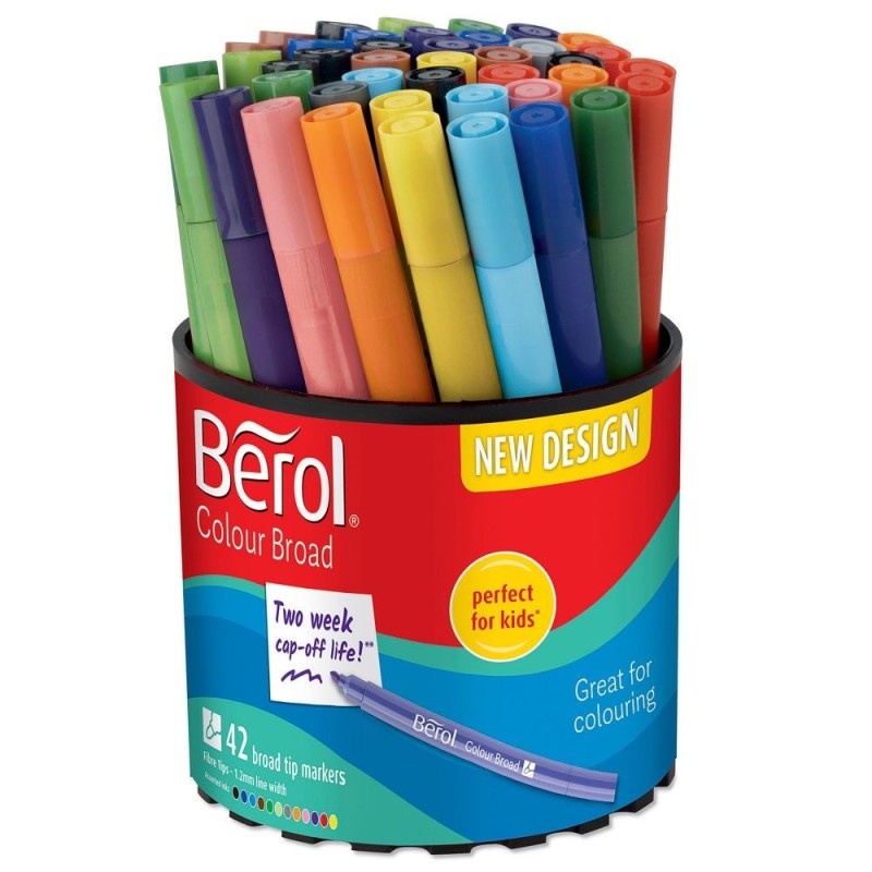 Berol 2057597 Broad Felt Tip Colouring Pens Assorted colours 1.2mm Tub of 42