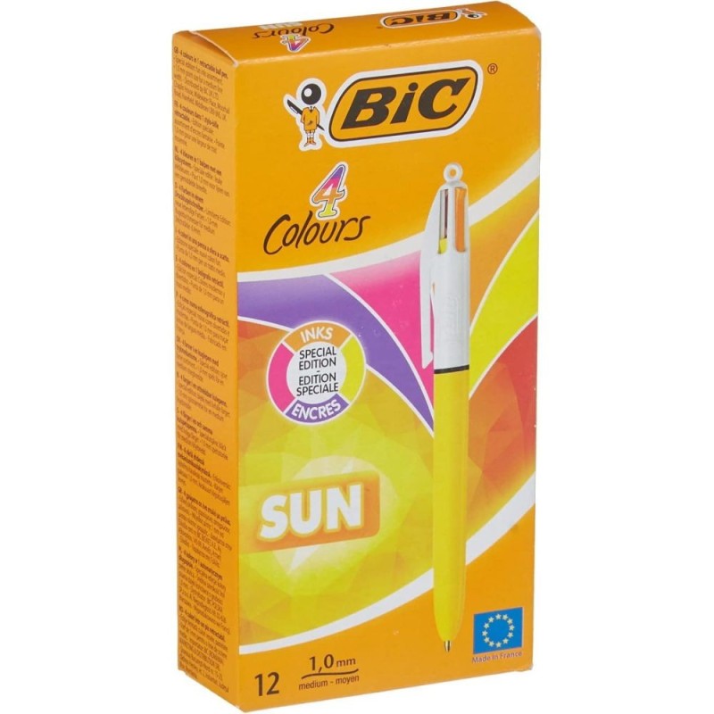 Bic Pack of 12 Assorted Colour Sun Sunny Yellow Barrel Ballpoint Pen