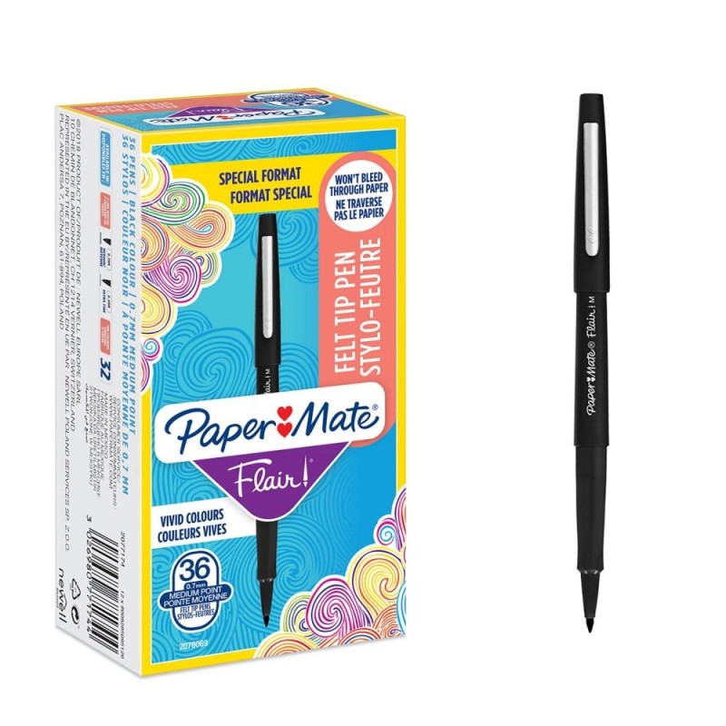 Paper Mate 2077174 Flair Pen 0.7 - 1mm Medium Tip Black Ink Box of 36