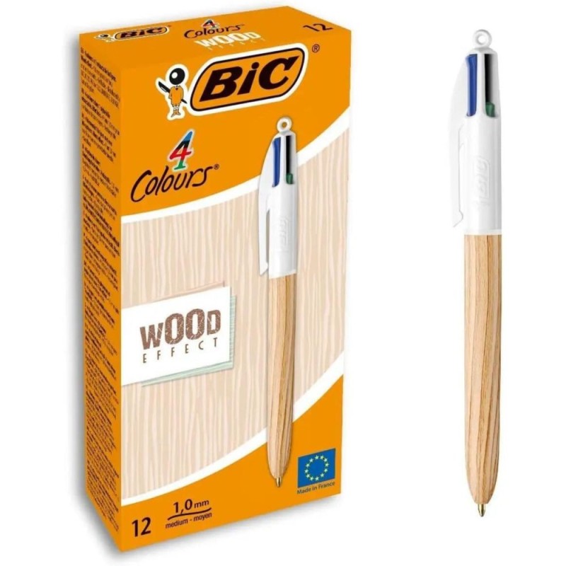 Bic Pack of 12 Assorted Colour Wood Effect Barrel Ballpoint Pen